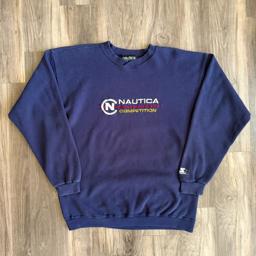 Vintage Nautica Competition Sweatshirt boot Men's Size L Pullover Blue Orange